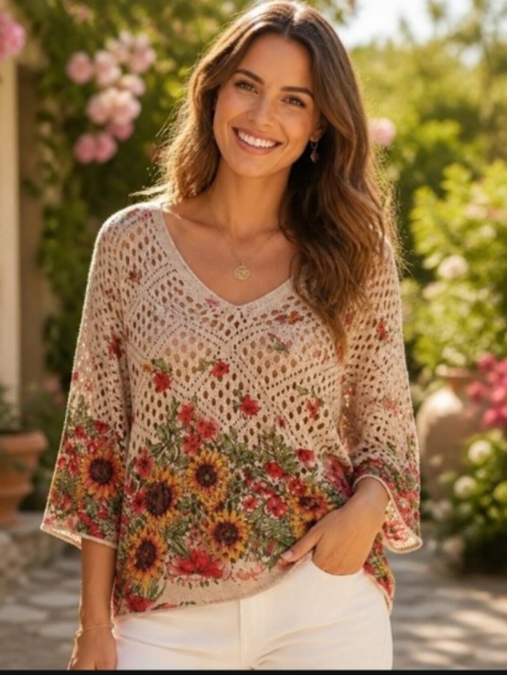 Sunflower Crochet V‑Neck Knit Top in Beige and Floral Mix